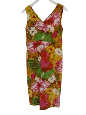 Vintage V-Neck Floral Sheath Dress in Mustard and Pink